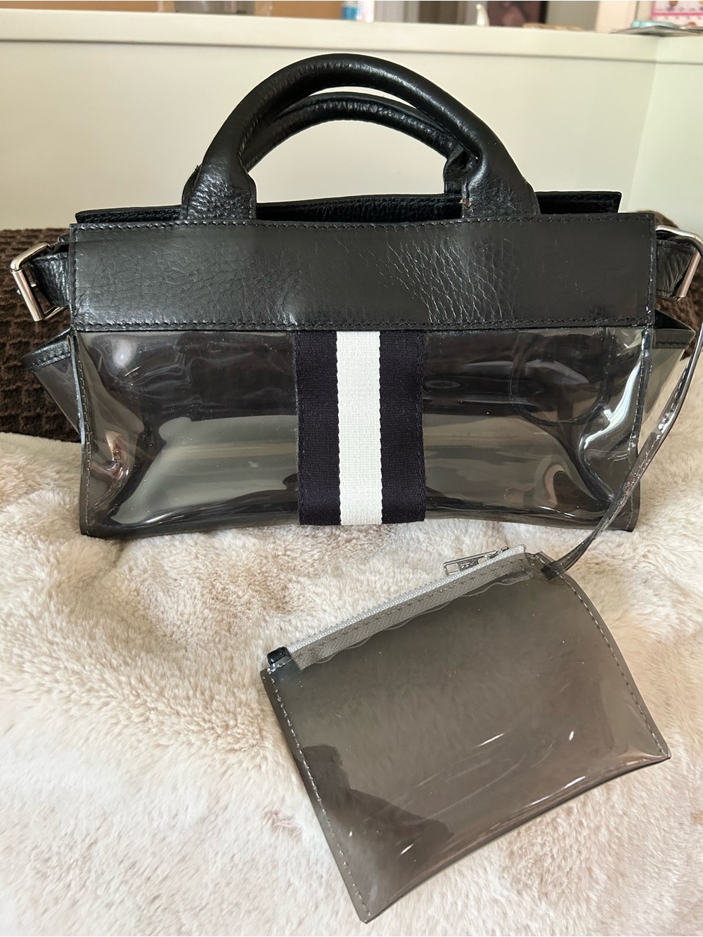 Club Monaco Black Clear Mini Top-Handle Bag with White Center Stripe